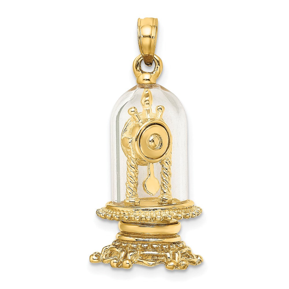 14k Yellow Gold 13.35 mm w/ Enamel 3-D Moveable Clock In Glass Dome Charm (5.69 grams)