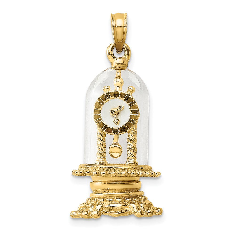 14k Yellow Gold 13.35 mm w/ Enamel 3-D Moveable Clock In Glass Dome Charm (5.69 grams)
