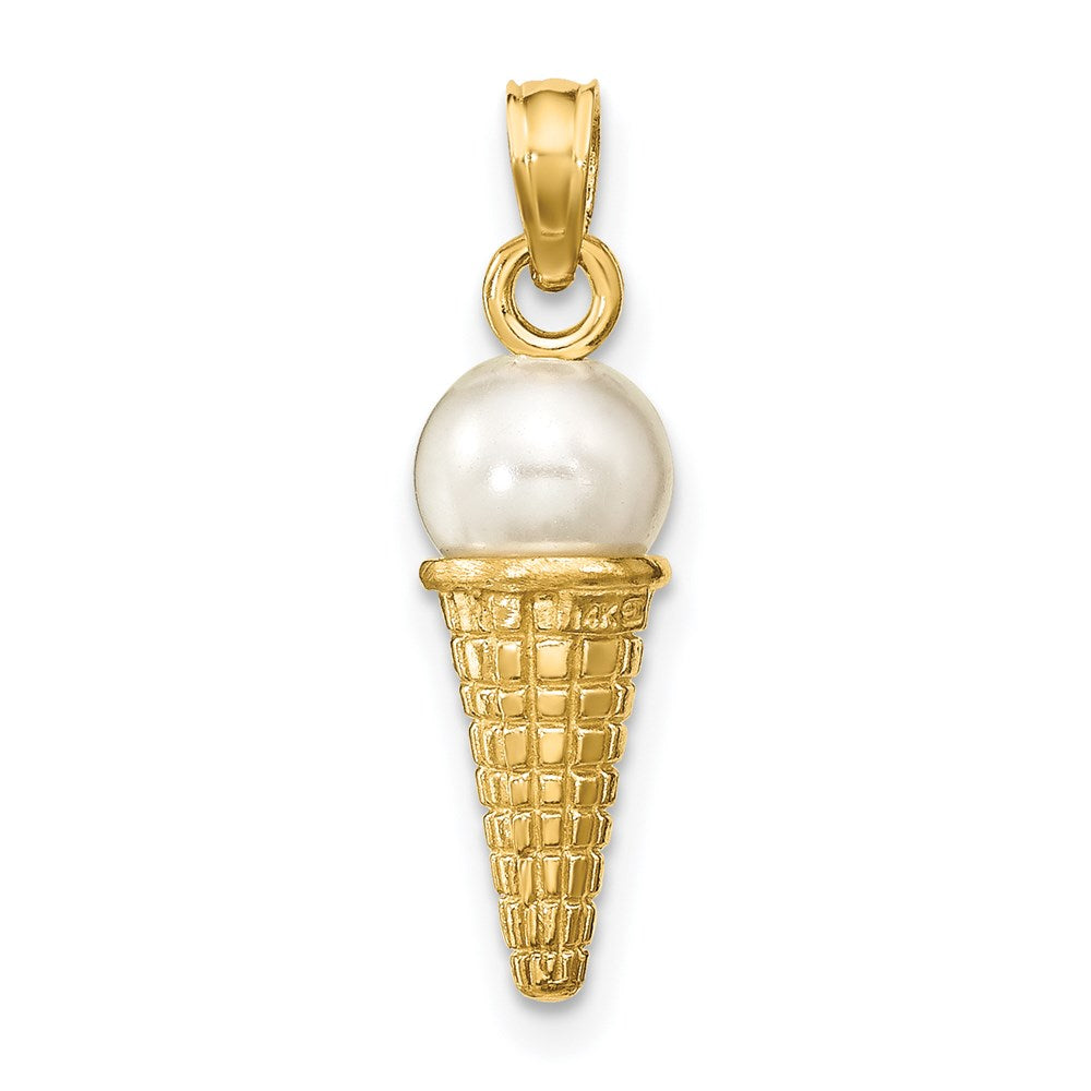 14k Yellow Gold 6.05 mm Satin Polished 3D White Bead Ice Cream Cone Pendant (1.73 grams)