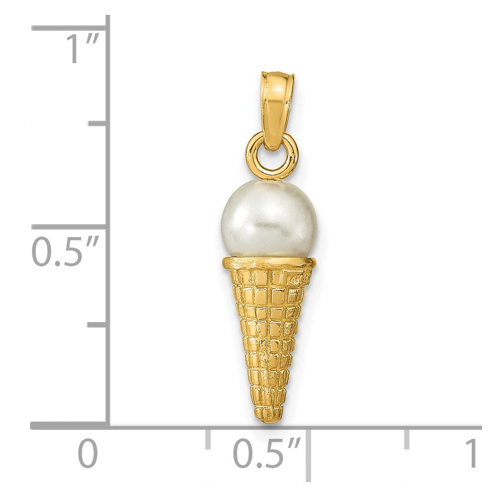 14k Yellow Gold 6.05 mm Satin Polished 3D White Bead Ice Cream Cone Pendant (1.73 grams)