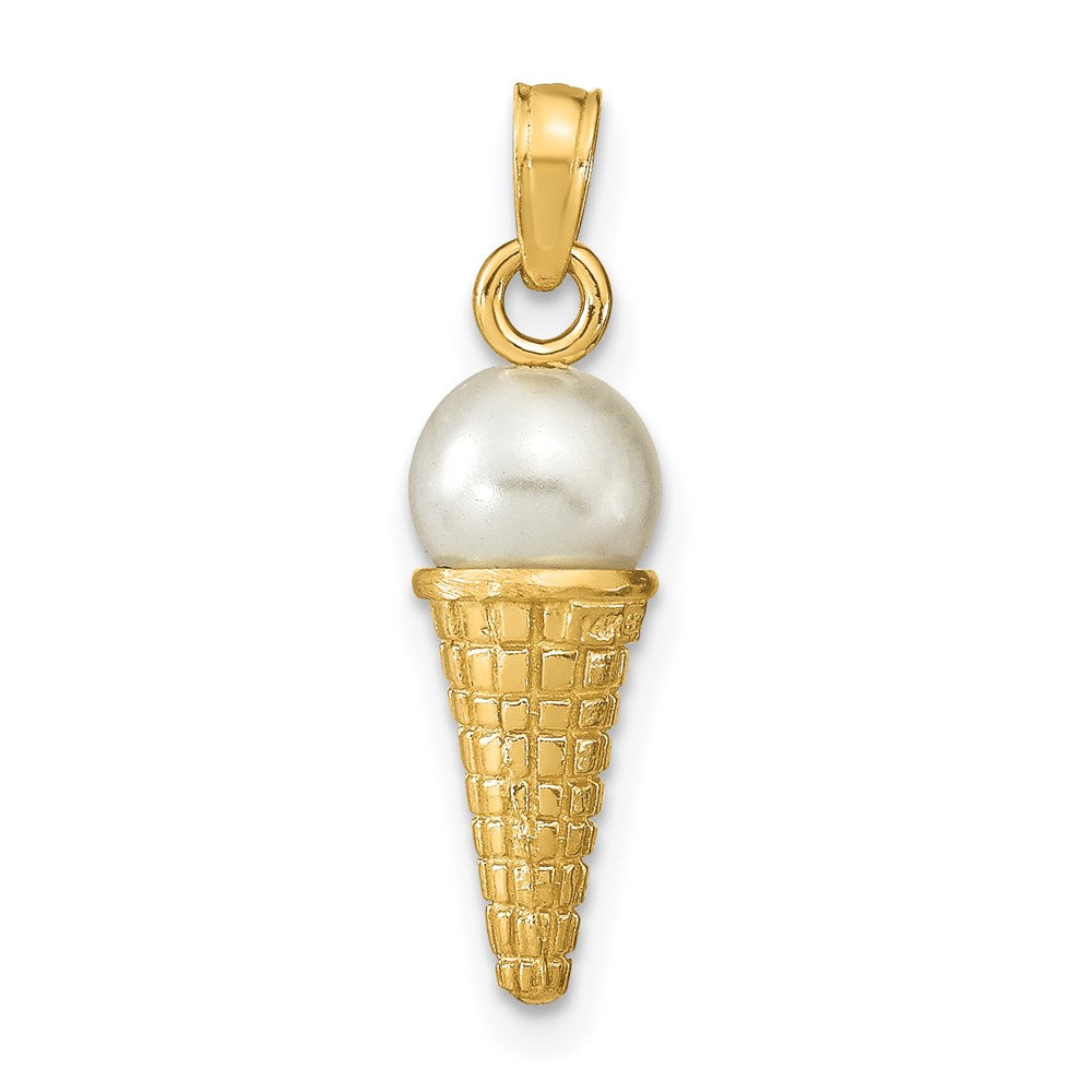 14k Yellow Gold 6.05 mm Satin Polished 3D White Bead Ice Cream Cone Pendant (1.73 grams)