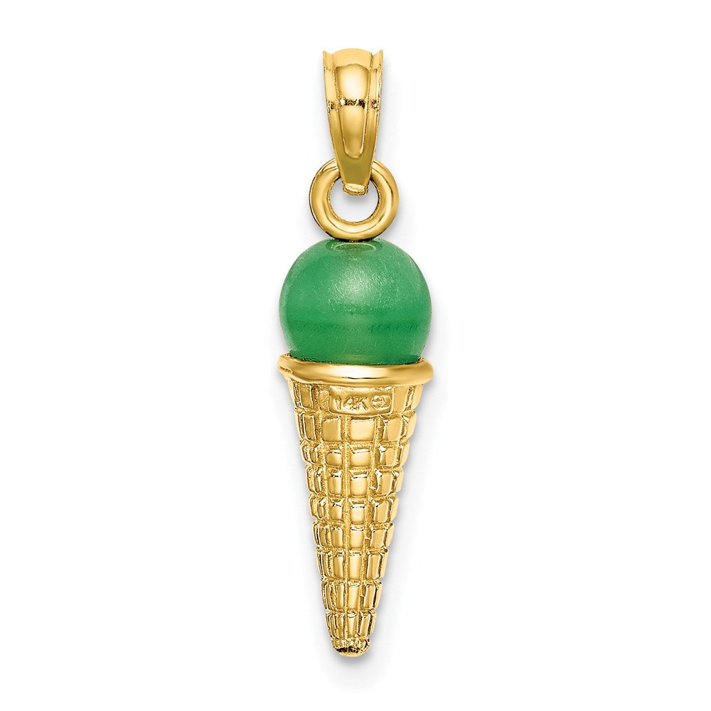 14k Yellow Gold 6.05 mm Satin Polished 3D Green Bead Ice Cream Cone Pendant (1.8 grams)