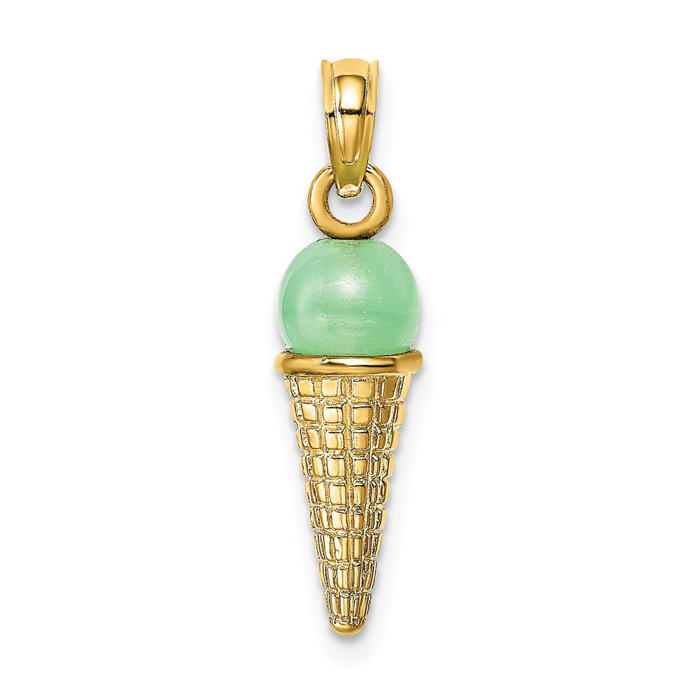 14k Yellow Gold 6.05 mm Satin Polished 3D Green Bead Ice Cream Cone Pendant (1.8 grams)
