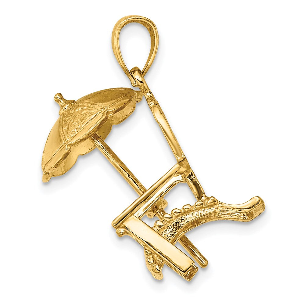 14k Yellow Gold 15.35 mm 3-D Beach Chair w/ Umbrella Charm (4.88 grams)