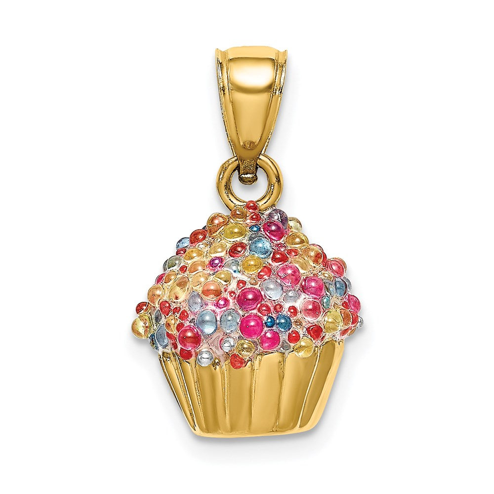 14k Yellow Gold 11.38 mm 3-D w/Colored Bead Icing Cupcake Charm (2.58 grams)