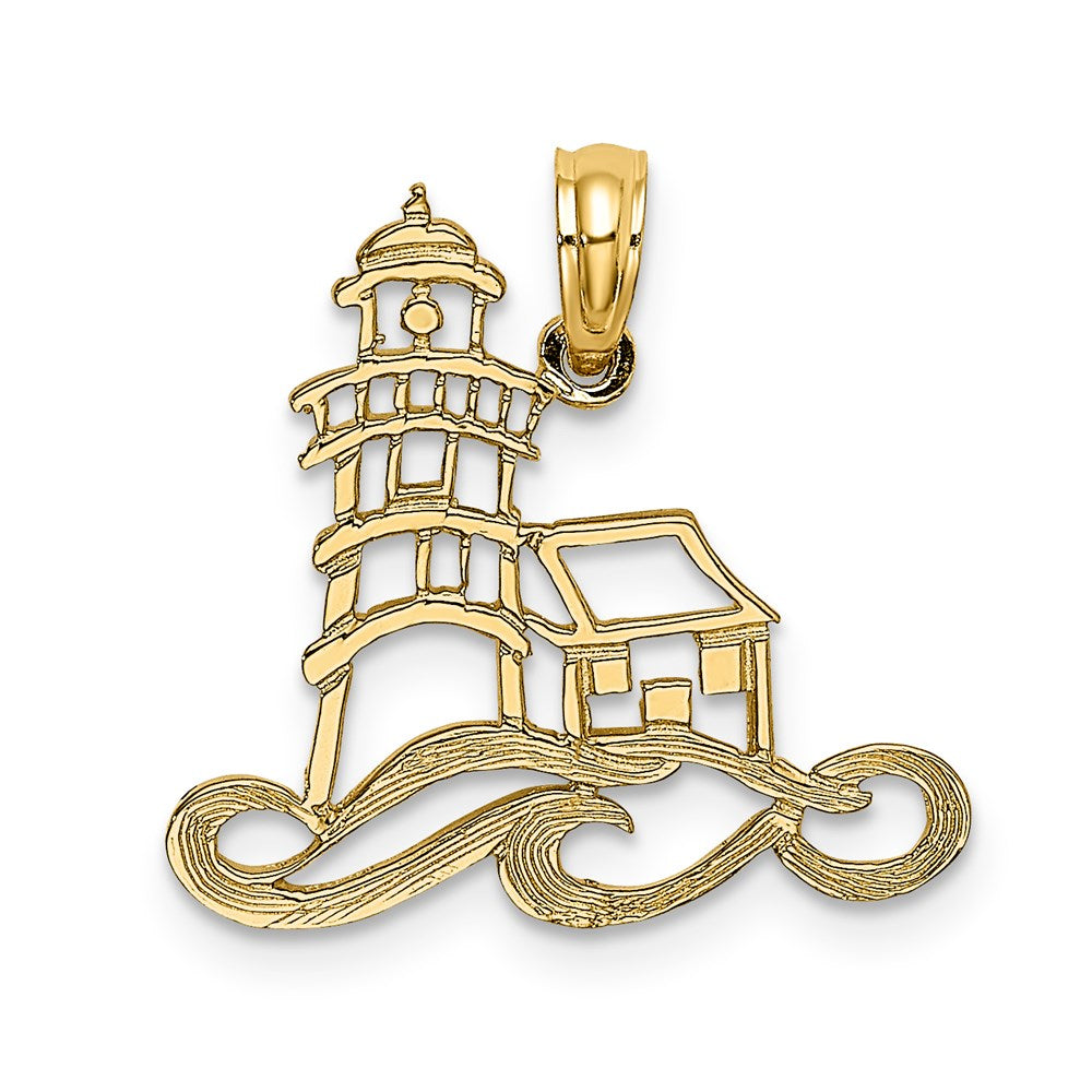 14k Yellow Gold 20 mm Cut-Out Lighthouse w/ Water Charm (1.05 grams)