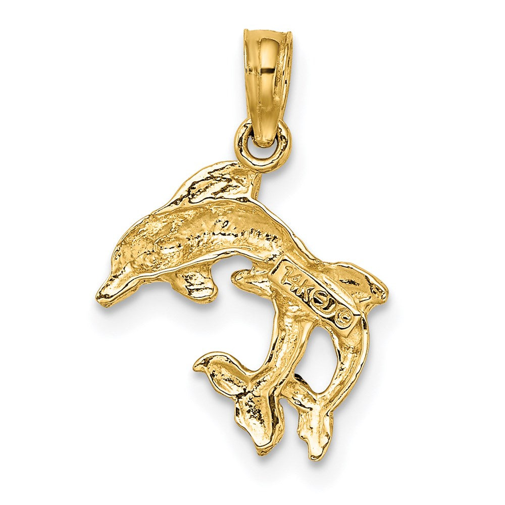 14k Yellow Gold 12.35 mm Polished 2-D Mini Double Dolphins Charm (0.88 grams)