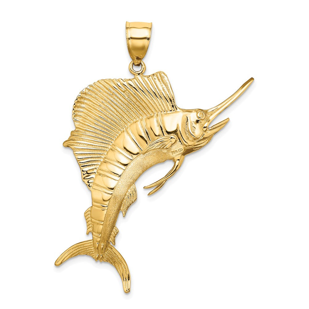 14k Yellow Gold 32 mm 3-D Polished Textured Sailfish Charm (14.27 grams)