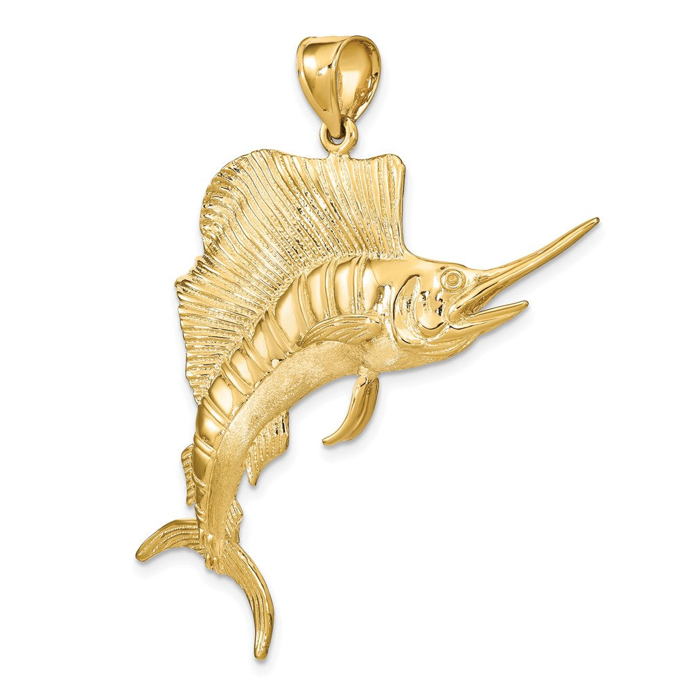 14k Yellow Gold 32 mm 3-D Polished Textured Sailfish Charm (14.27 grams)