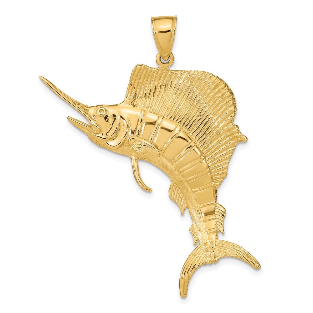 14k Yellow Gold 32 mm 3-D Polished Textured Sailfish Charm (14.27 grams)
