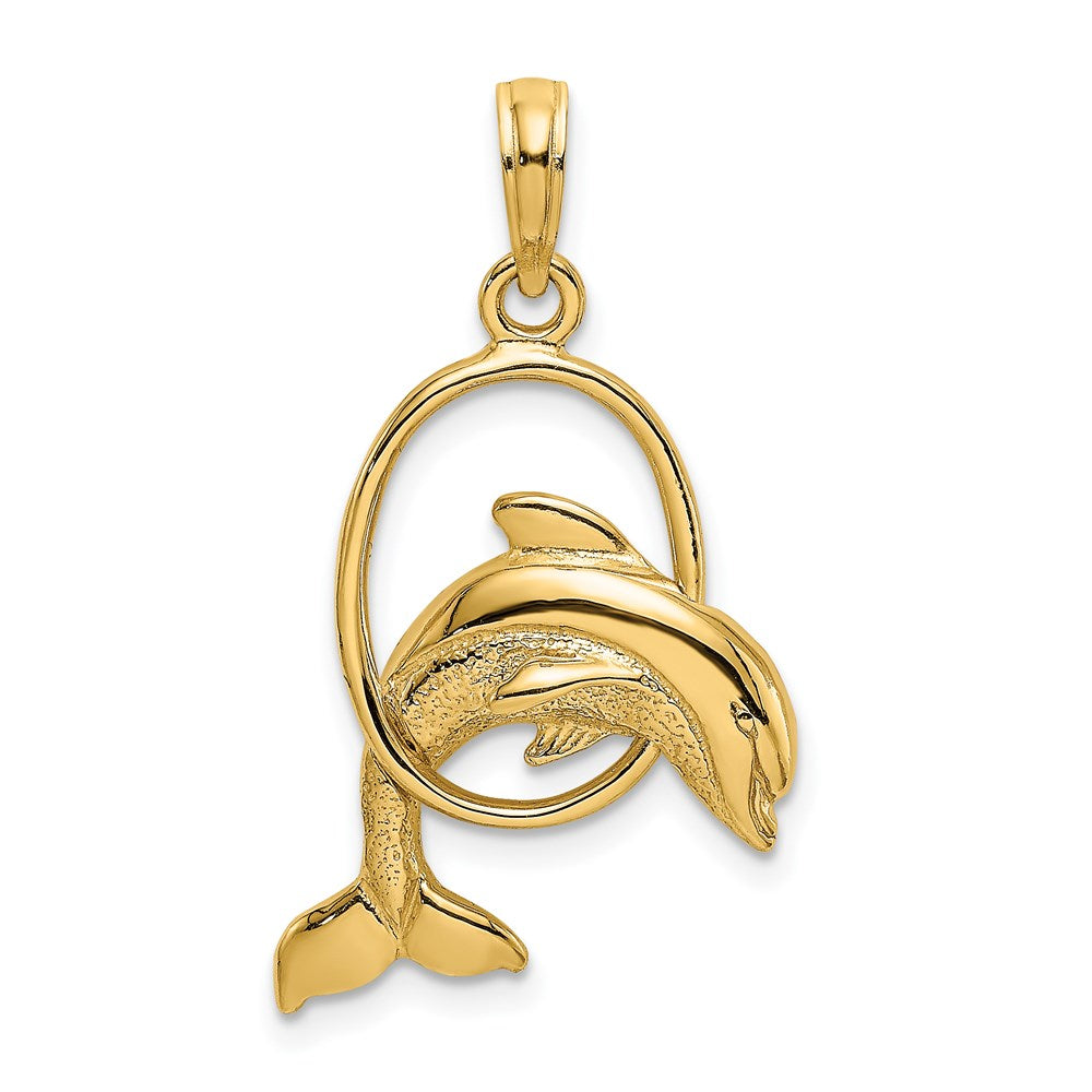 14k Yellow Gold 17.3 mm Polished Dolphin Jumping Through Hoop Charm (1.7 grams)