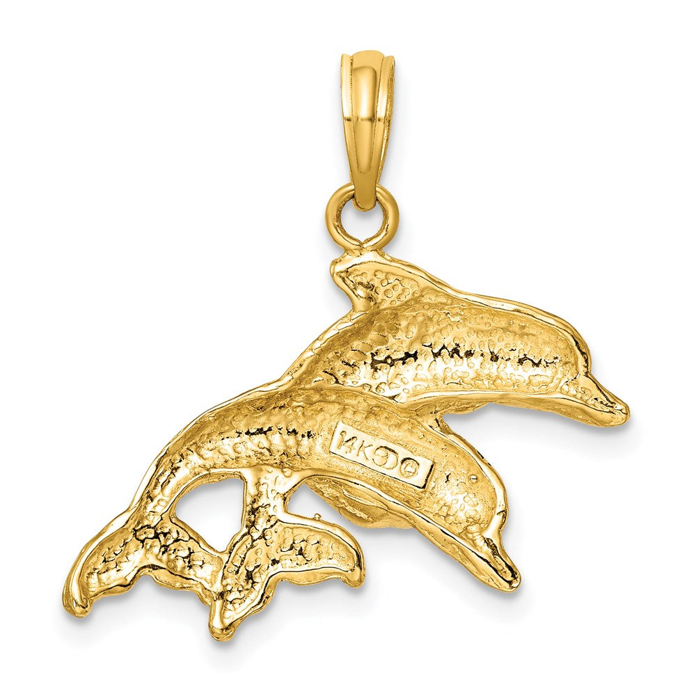 14k Yellow Gold 26.4 mm 2-D Polished /Engraved Double Dolphins Charm (2.58 grams)