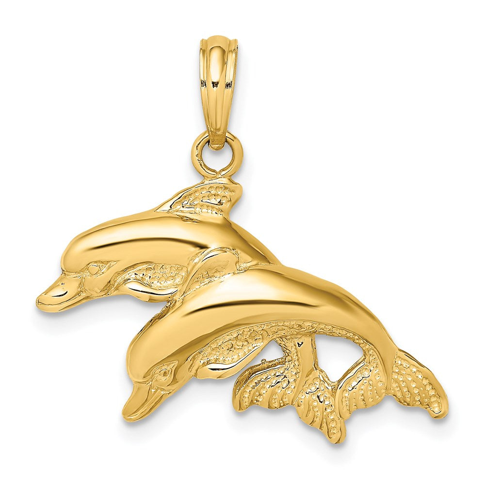 14k Yellow Gold 26.4 mm 2-D Polished /Engraved Double Dolphins Charm (2.58 grams)