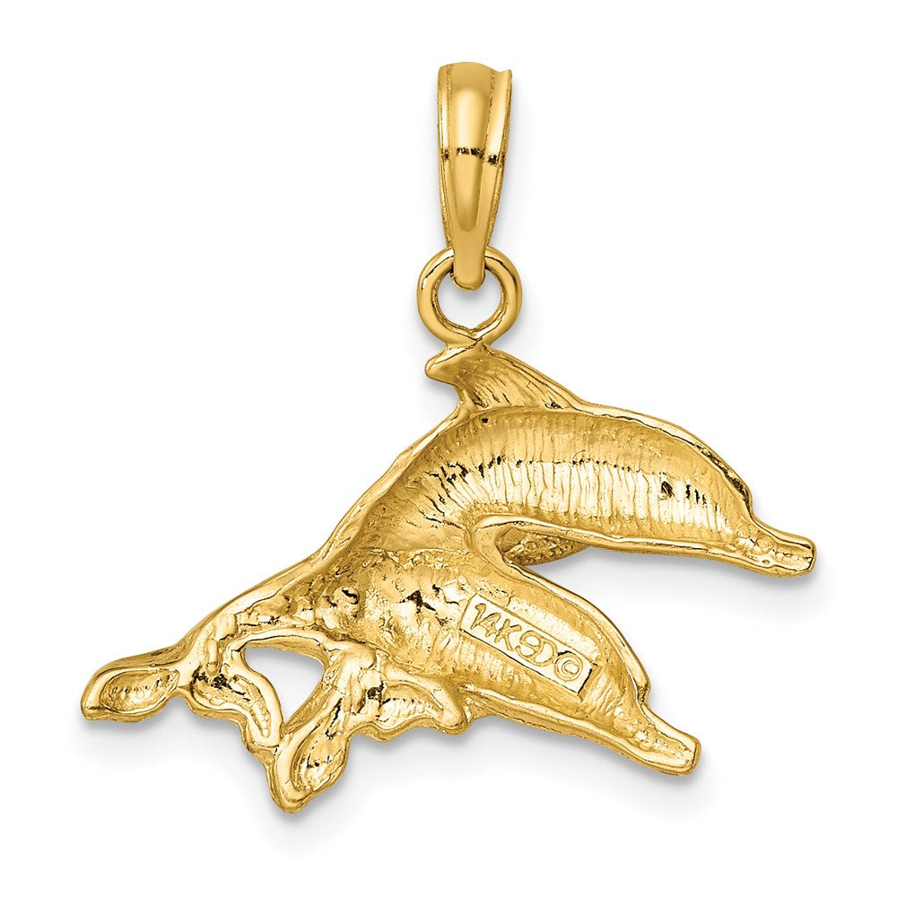 14k Yellow Gold 22.6 mm Polished /Engraved Dolphins Charm (1.81 grams)
