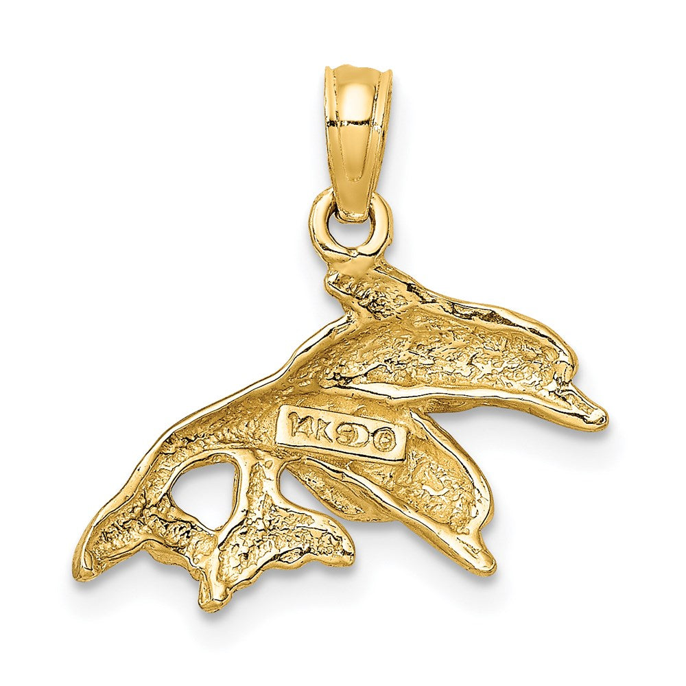 14k Yellow Gold 19.5 mm 2-D Polished Double Dolphins Jumping Left Charm (1.45 grams)