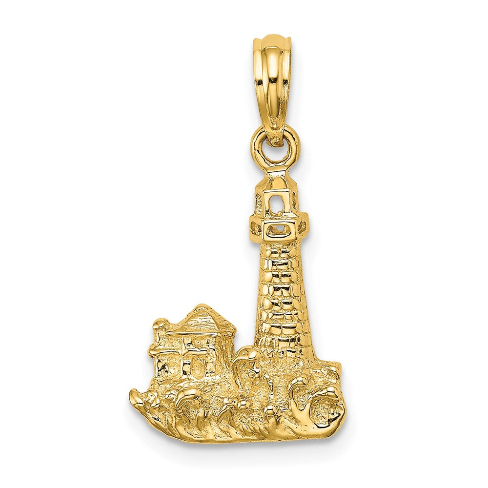 14k Yellow Gold 13.35 mm 2-D Lighthouse W/ Waves and Buildings Charm (2.05 grams)
