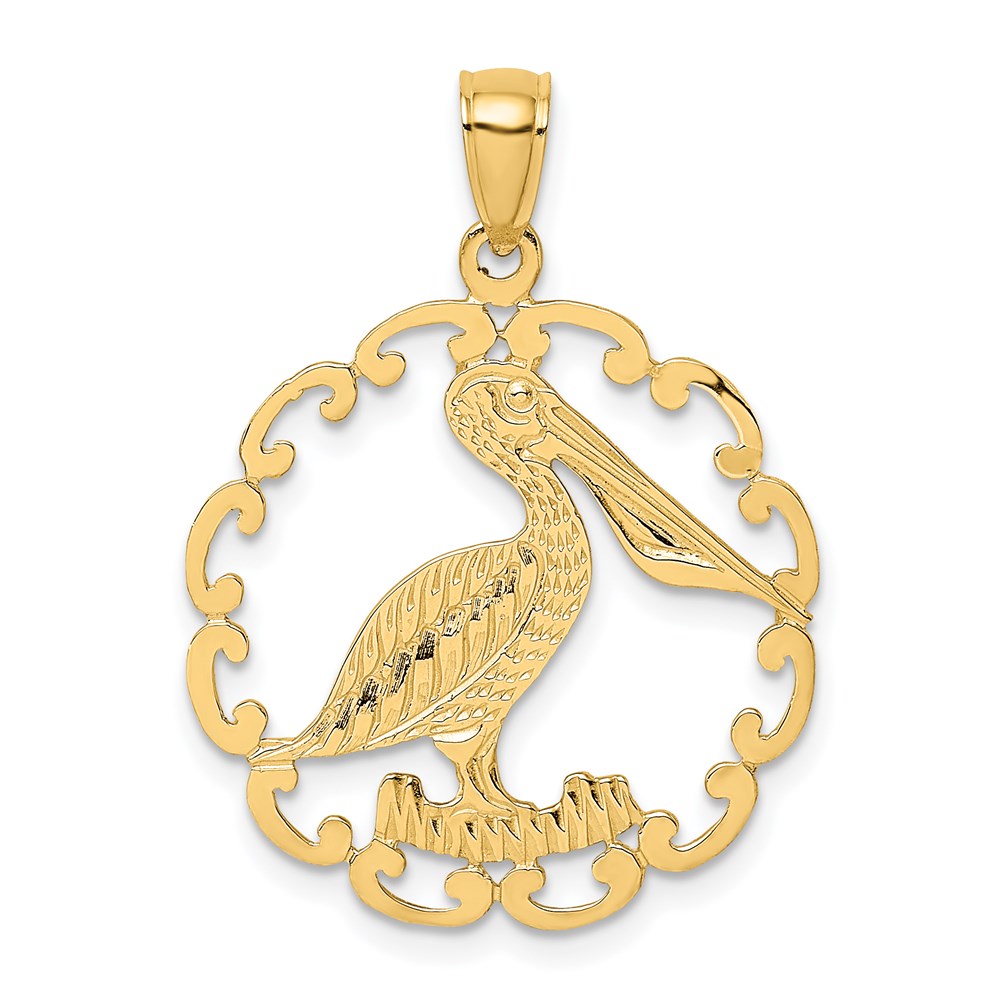 14k Yellow Gold 23.3 mm Pelican In Circle Charm (1.7 grams)