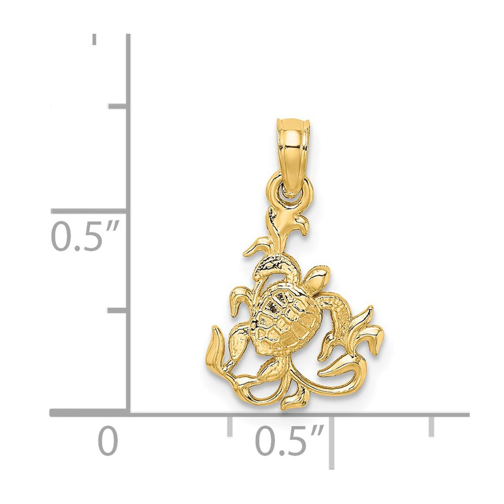 14k Yellow Gold 11.9 mm Textured Mini Sea Turtle and Kelp Charm (0.7 grams)
