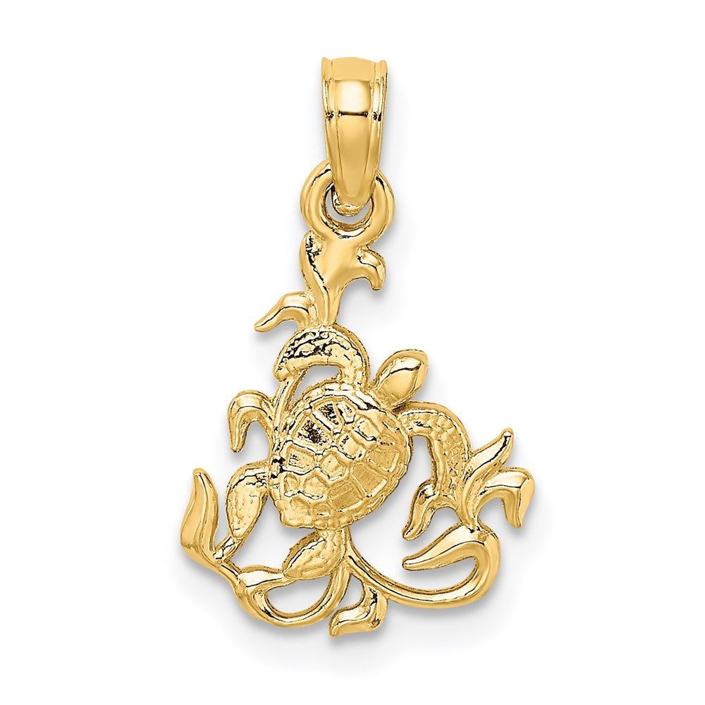 14k Yellow Gold 11.9 mm Textured Mini Sea Turtle and Kelp Charm (0.7 grams)