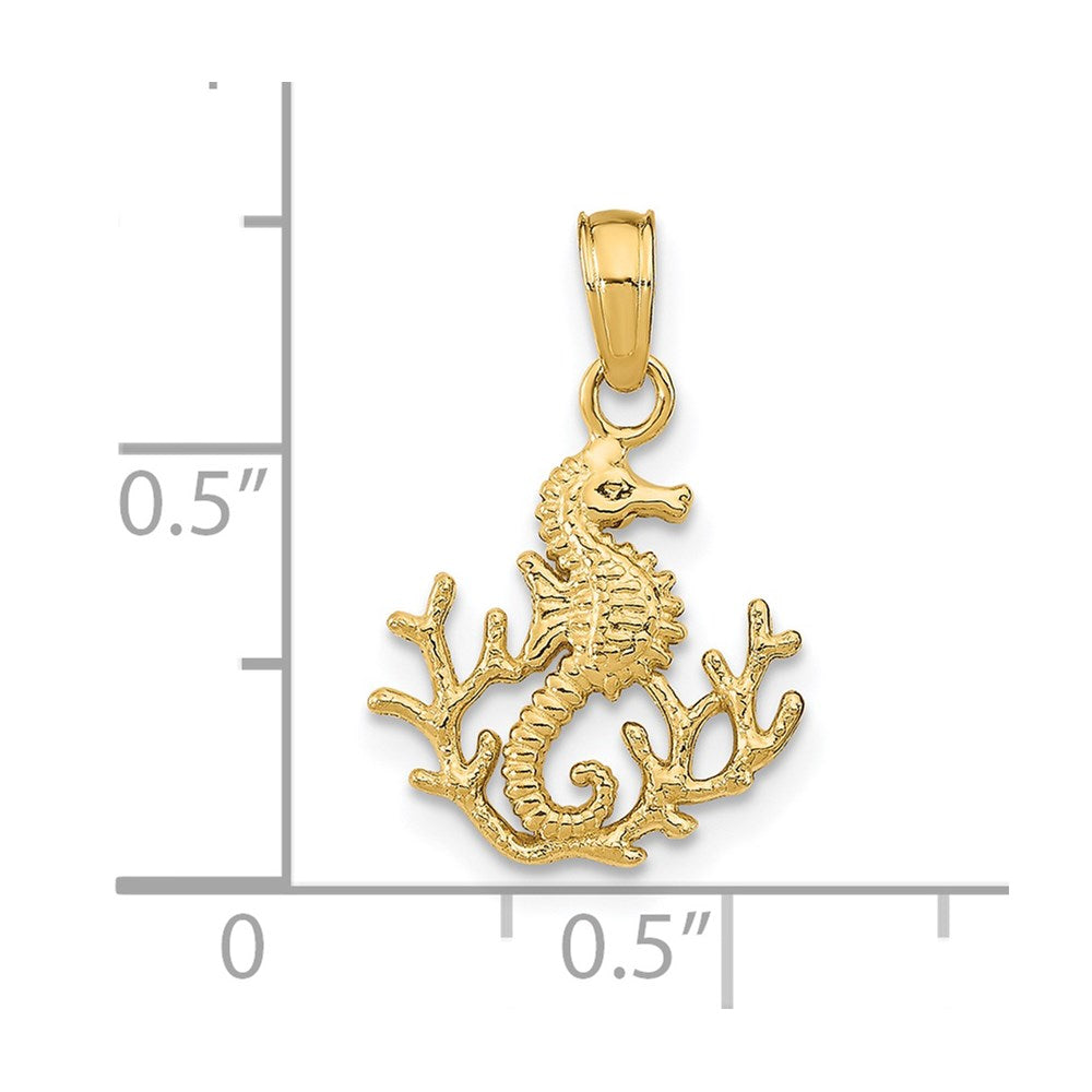 14k Yellow Gold 12 mm Textured Mini Seahorse and Coral Charm (0.8 grams)