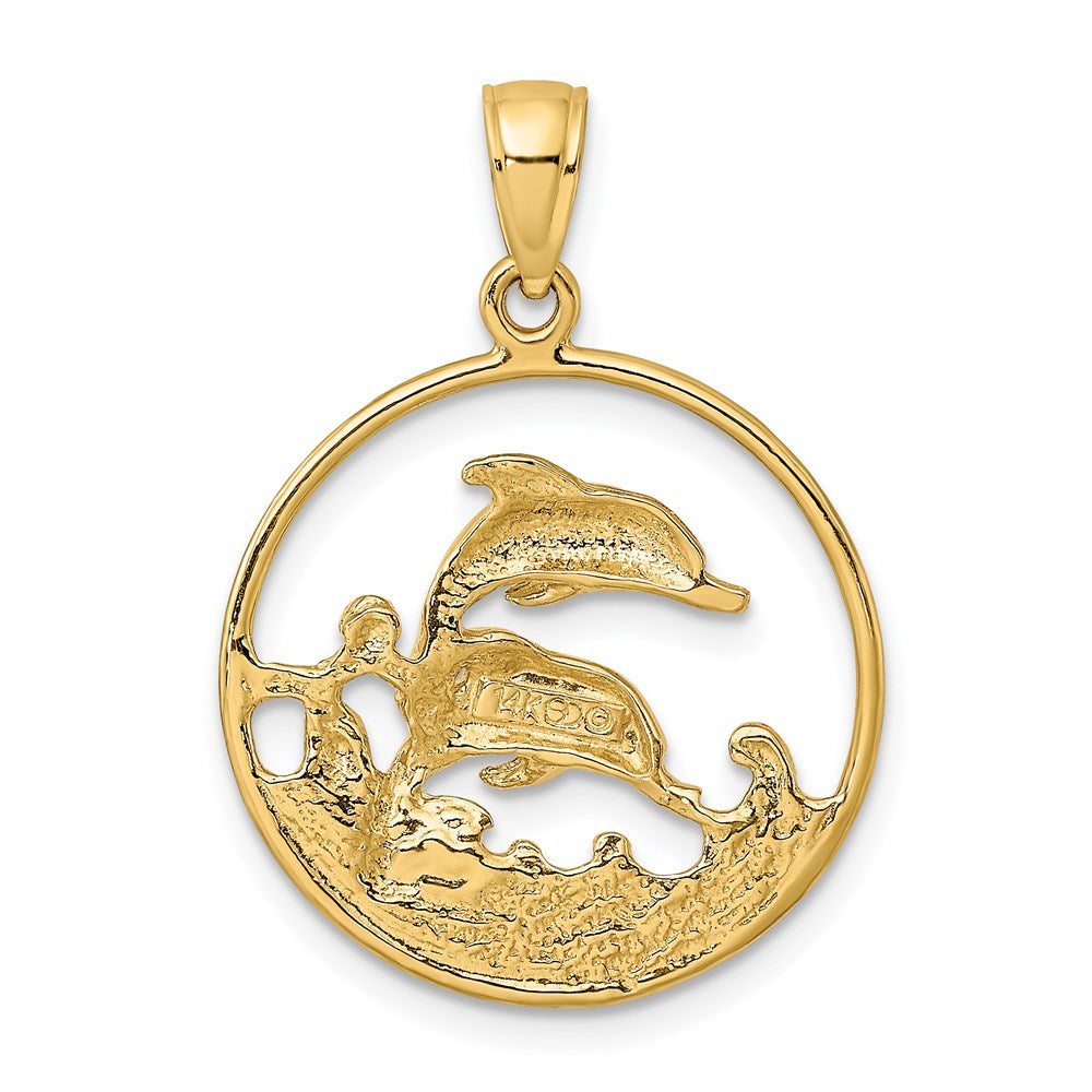 14k Yellow Gold 20.5 mm Double Dolphins In Circle Charm (2.37 grams)