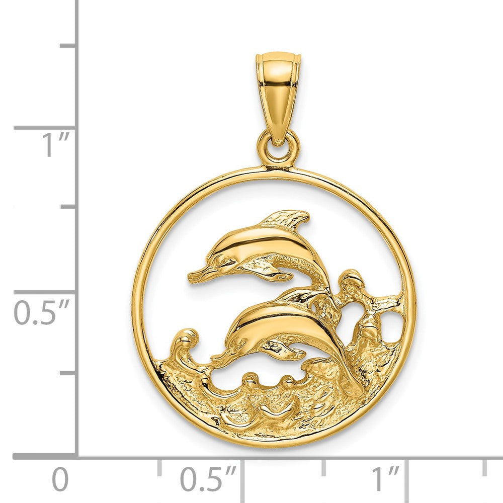 14k Yellow Gold 20.5 mm Double Dolphins In Circle Charm (2.37 grams)