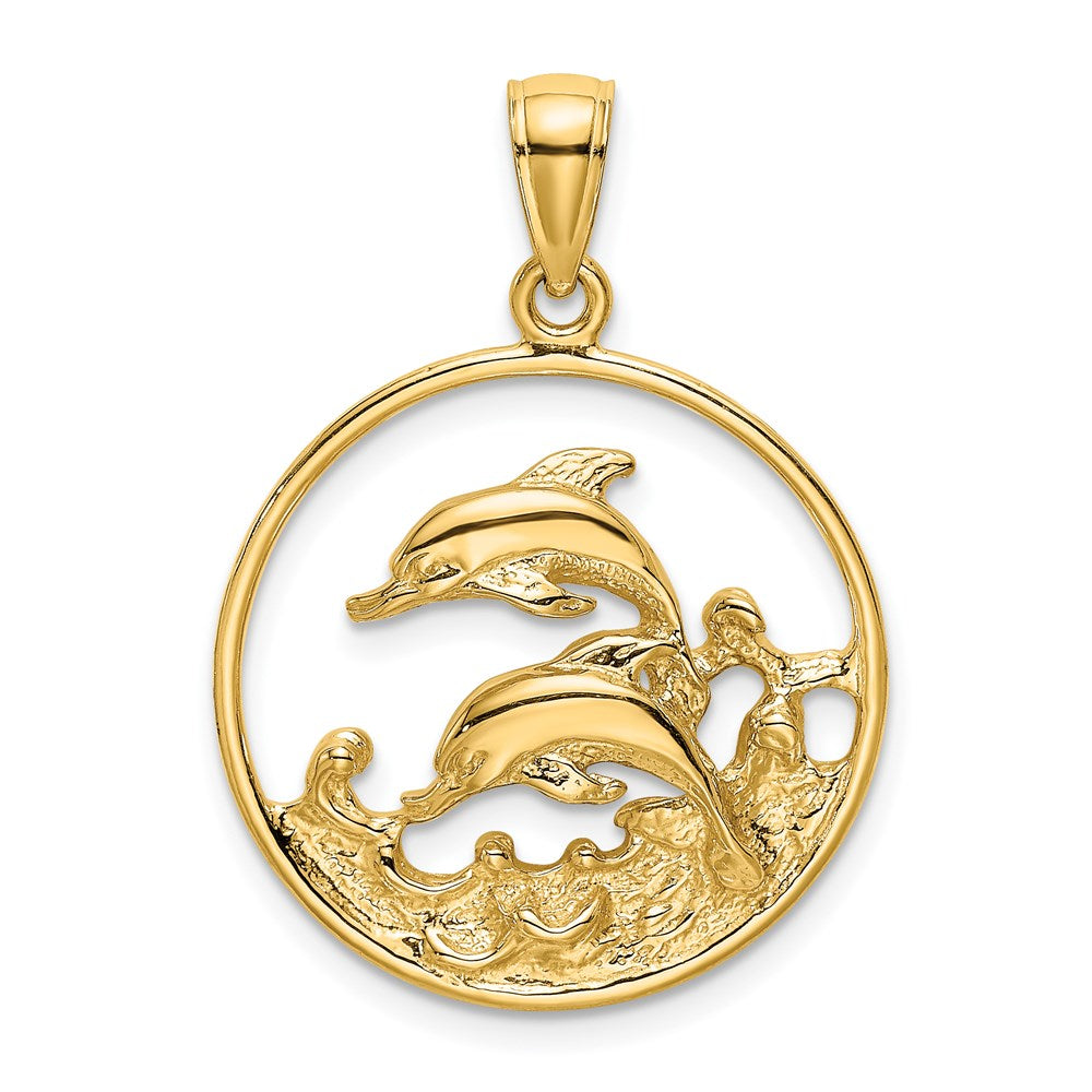 14k Yellow Gold 20.5 mm Double Dolphins In Circle Charm (2.37 grams)
