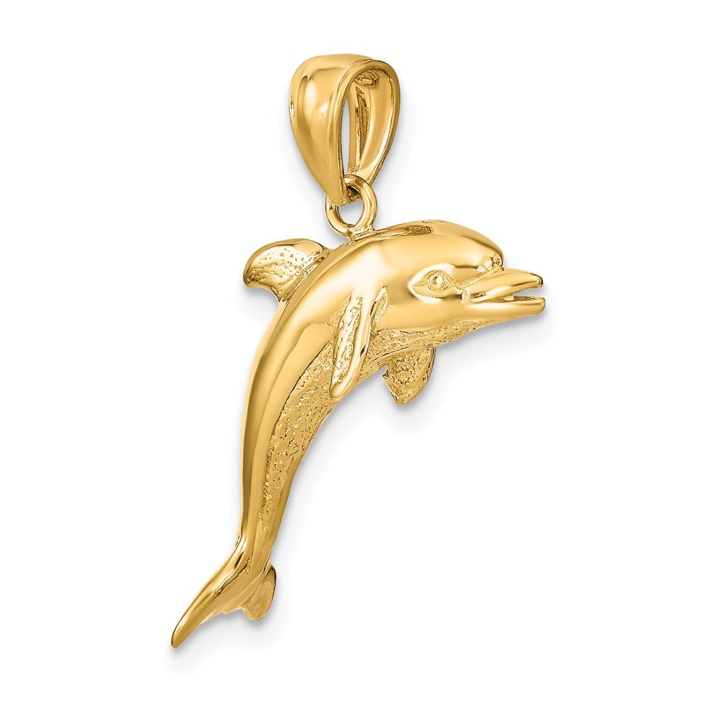 14k Yellow Gold 23.5 mm 3-D Polished and Textured Jumping Dolphin Charm (4.15 grams)