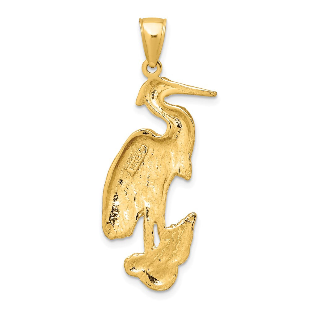 14k Yellow Gold 14.3 mm Textured Standing Egret Bird Charm (3.57 grams)