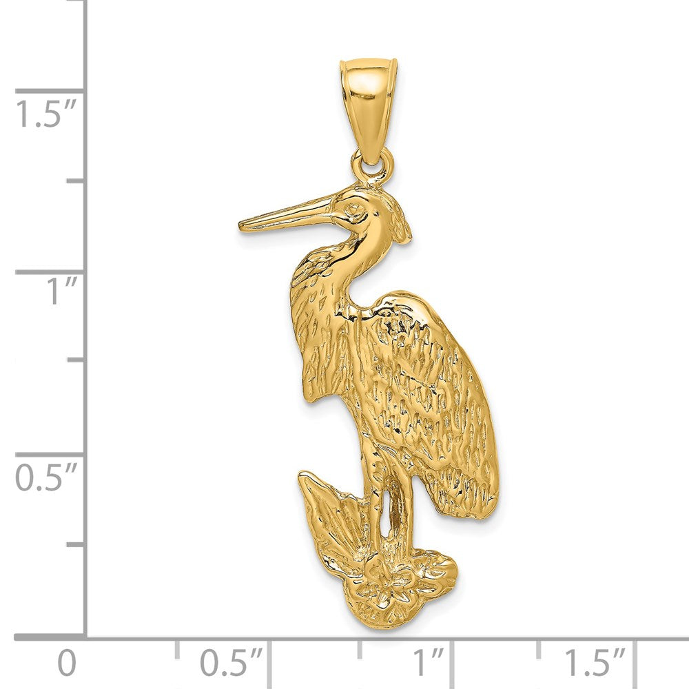 14k Yellow Gold 14.3 mm Textured Standing Egret Bird Charm (3.57 grams)