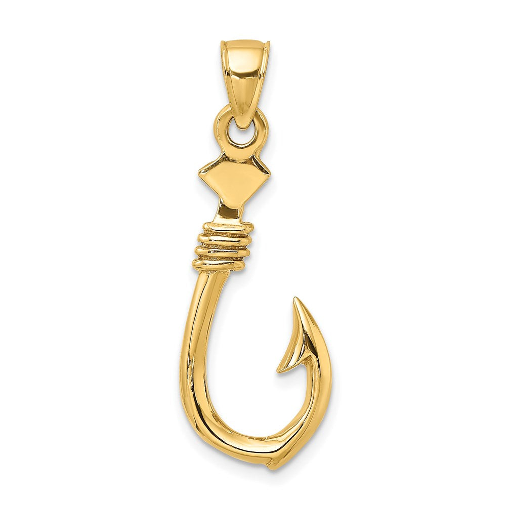 14k Yellow Gold 12.55 mm 3-D Large Fish Hook with Rope Charm (2.47 grams)