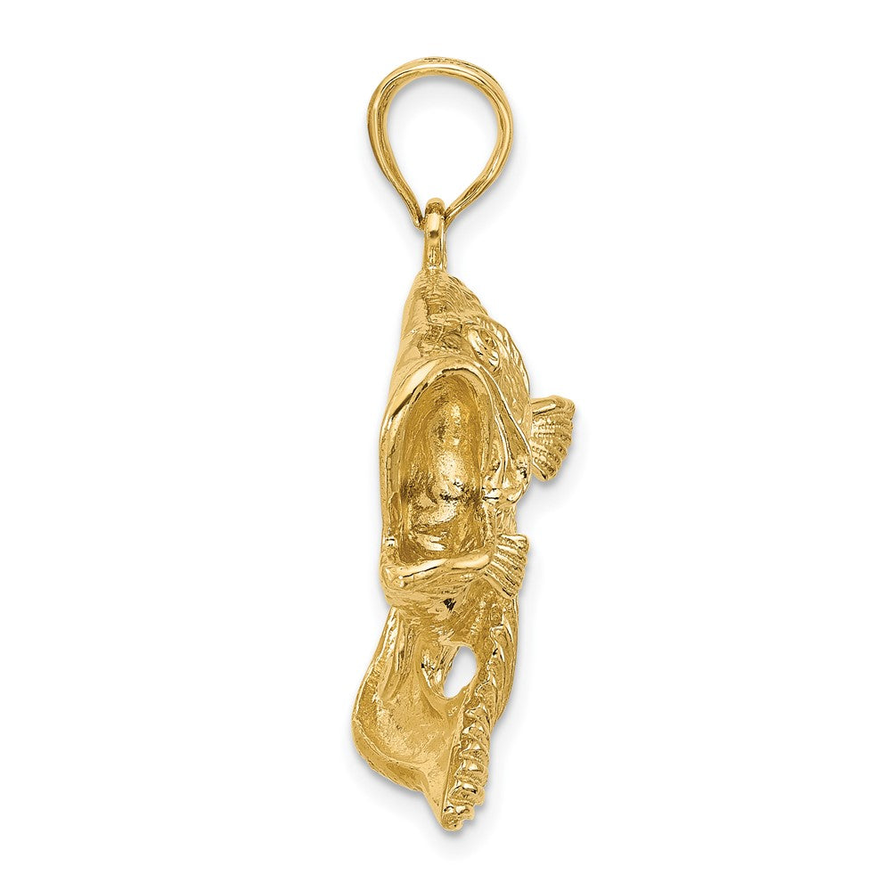14k Yellow Gold 36.2 mm 2-D Bass Fish Jumping Charm (11.31 grams)