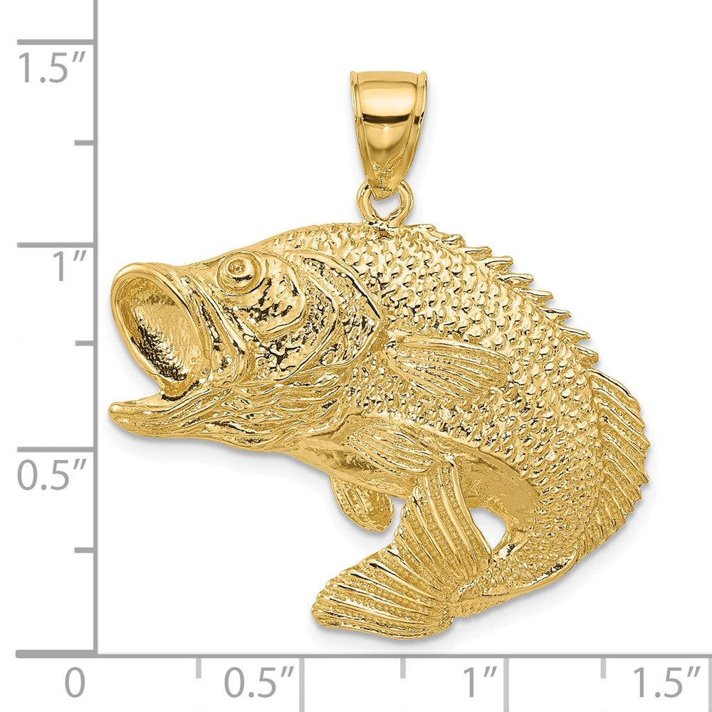 14k Yellow Gold 36.2 mm 2-D Bass Fish Jumping Charm (11.31 grams)