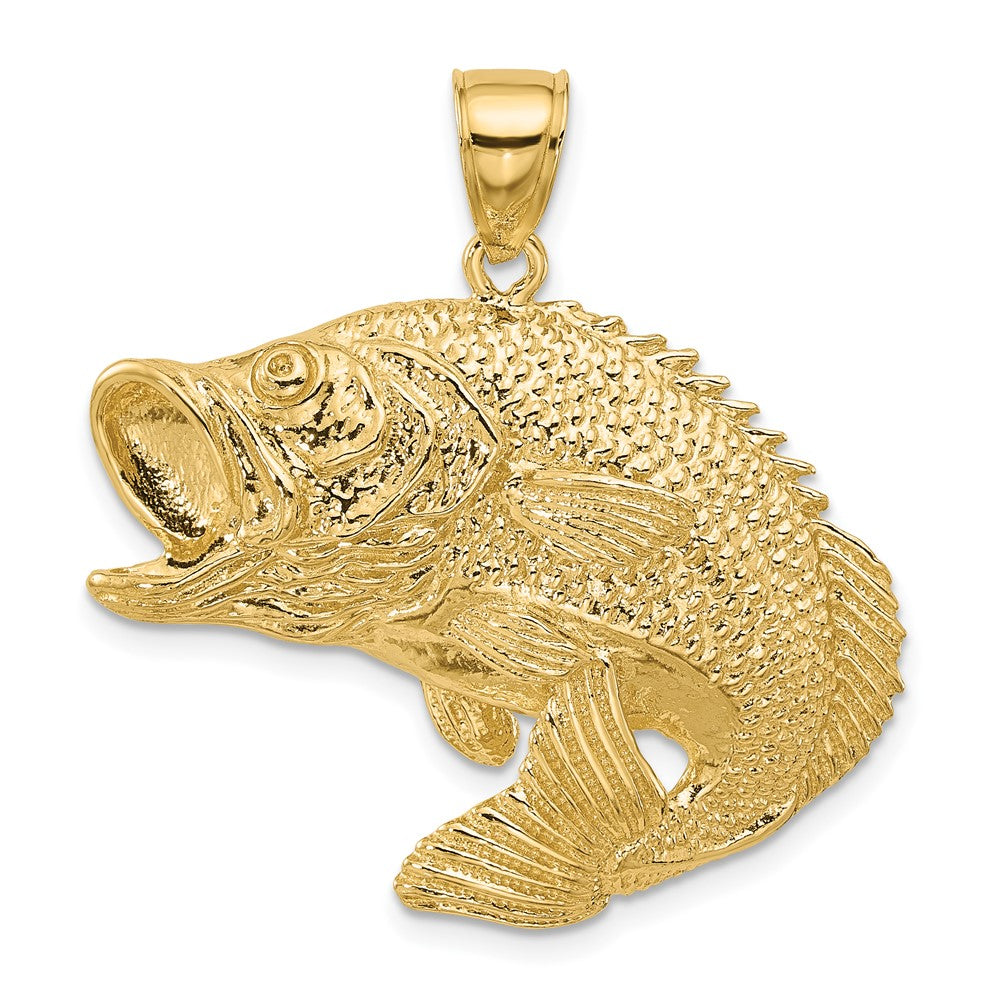 14k Yellow Gold 36.2 mm 2-D Bass Fish Jumping Charm (11.31 grams)