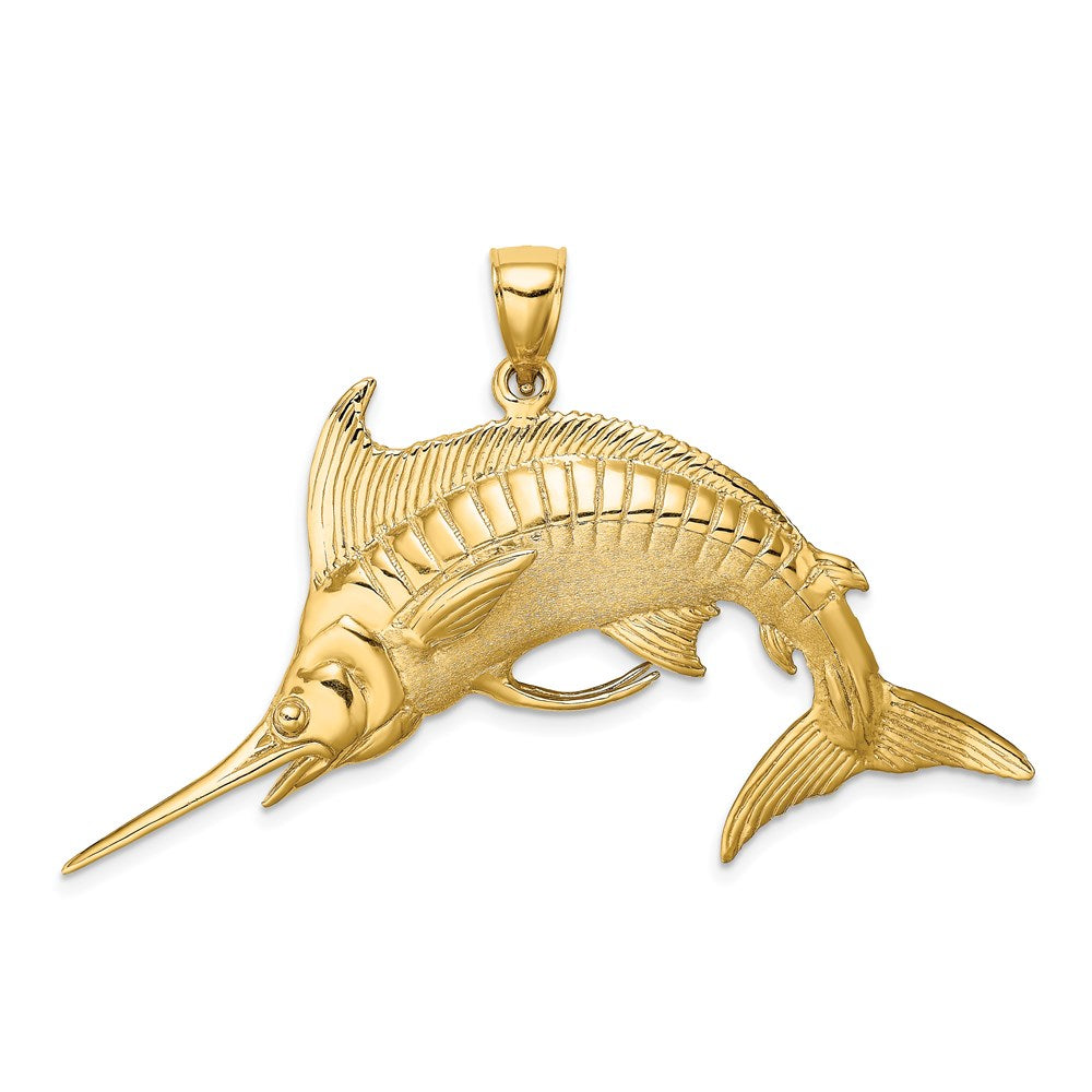 14k Yellow Gold 53 mm 3-D Polished /Satin Blue Marlin Charm (12.67 grams)