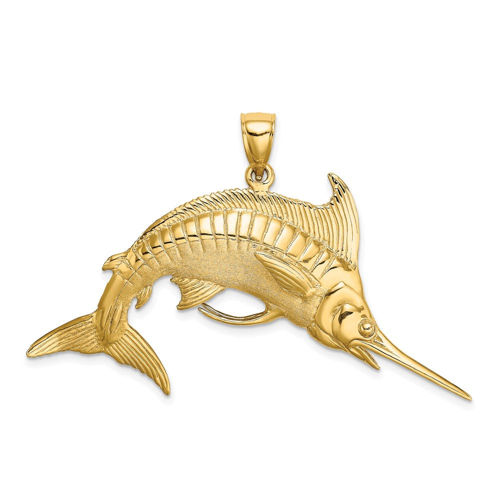 14k Yellow Gold 53 mm 3-D Polished /Satin Blue Marlin Charm (12.67 grams)