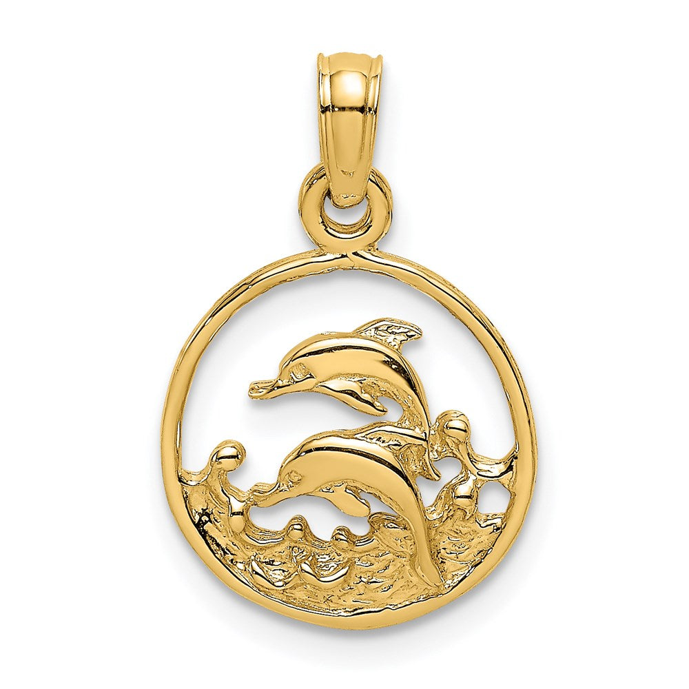 14k Yellow Gold 12.4 mm Two Dolphins in Circle Charm (0.91 grams)