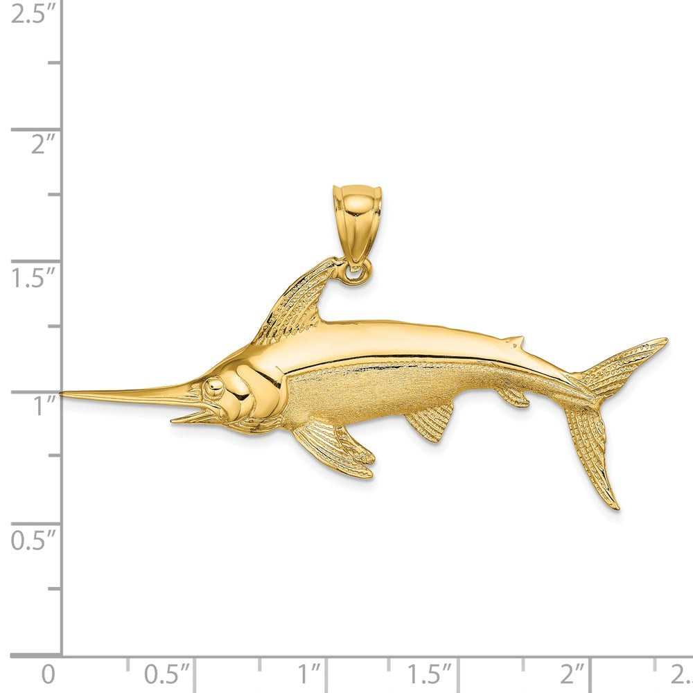 14k Yellow Gold 57.2 mm 2-D Polished/Satin Swordfish Charm (5.83 grams)