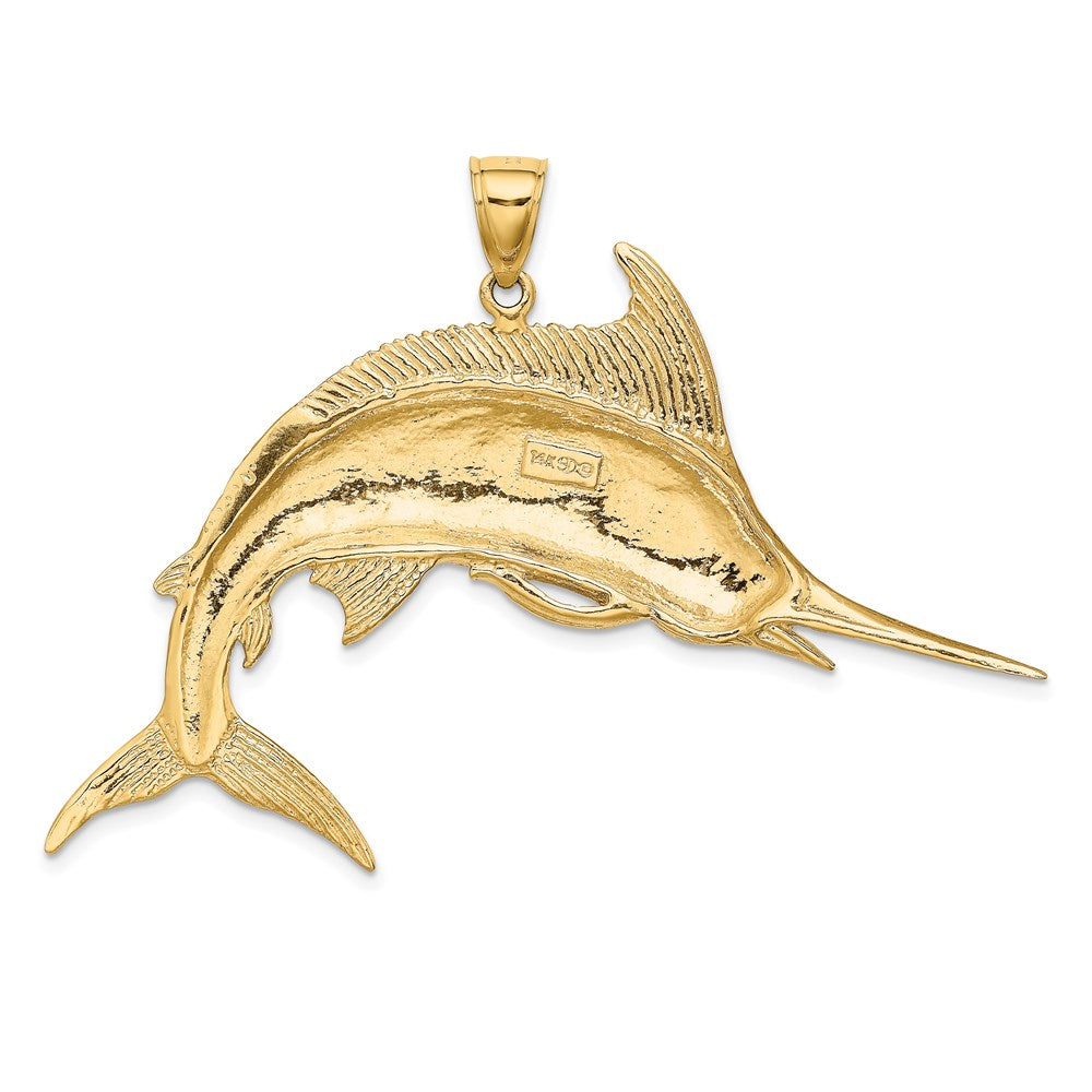 14k Yellow Gold 60 mm 2-D Polished / Satin Blue Marlin Charm (11.12 grams)