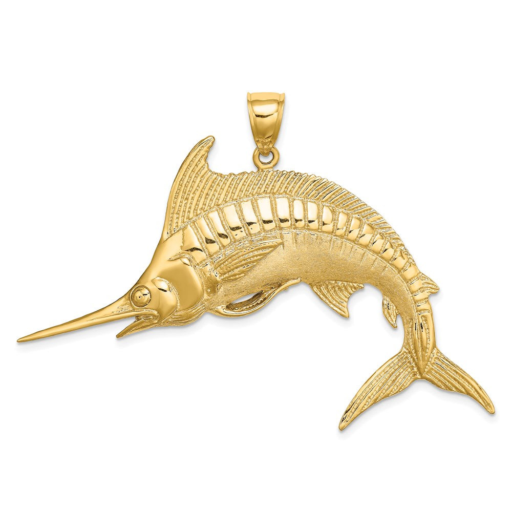 14k Yellow Gold 60 mm 2-D Polished / Satin Blue Marlin Charm (11.12 grams)