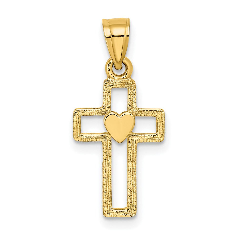 14k Yellow Gold 10 mm Cut-Out Cross w/ Heart Charm (0.57 grams)