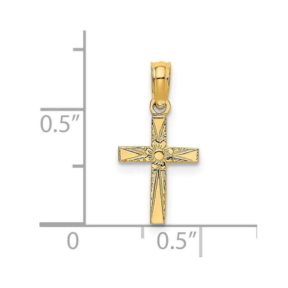 14k Yellow Gold 10 mm Polished and Engraved Mini Cross W/ Flower Charm (0.26 grams)