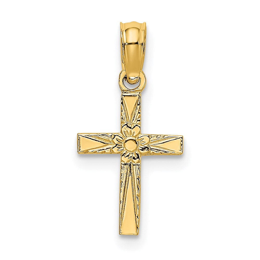 14k Yellow Gold 10 mm Polished and Engraved Mini Cross W/ Flower Charm (0.26 grams)