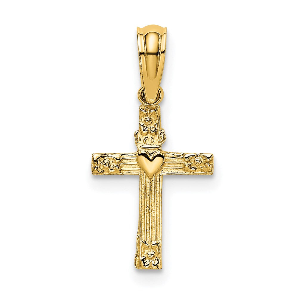 14k Yellow Gold 10 mm Textured Mini Cross w/ Heart Charm (0.28 grams)