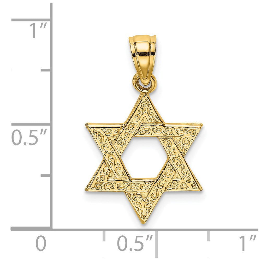 14k Yellow Gold 13 mm Engraved Swirls Star Of David Charm (0.96 grams)