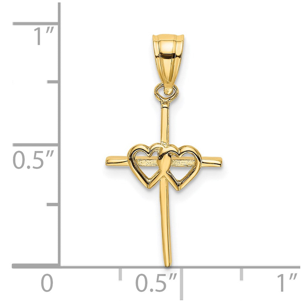 14k Yellow Gold 11 mm Polished Double Hearts On Stick Cross Charm (0.83 grams)