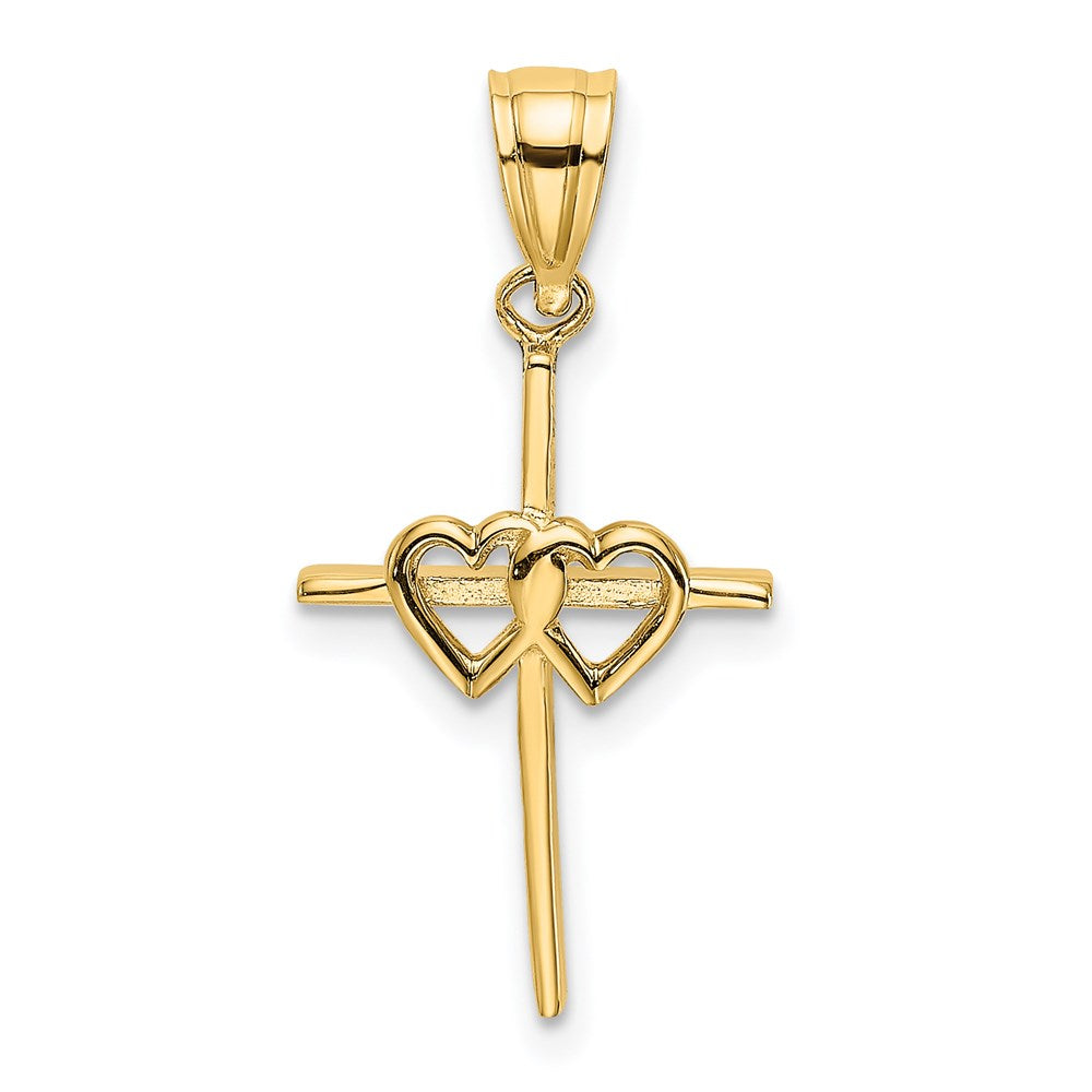 14k Yellow Gold 11 mm Polished Double Hearts On Stick Cross Charm (0.83 grams)