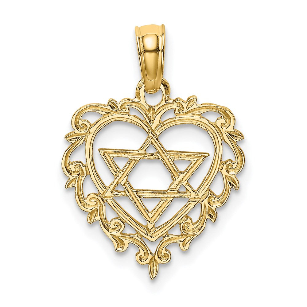 14k Yellow Gold 13 mm Textured Star Of David In Heart Charm (0.68 grams)