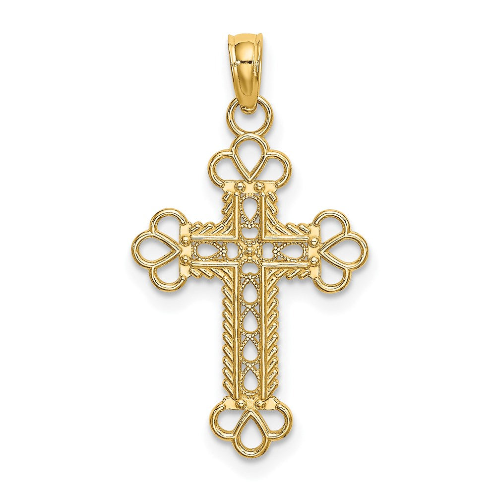 14k Yellow Gold 15 mm Textured and Cut-Out W/ Rope Frame Block Cross Charm (0.84 grams)