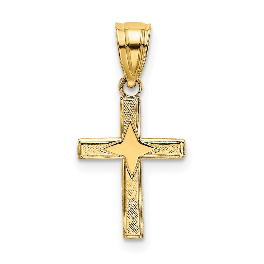 14k Yellow Gold 9 mm Polished w/ Star Pattern Mini Cross Charm (0.29 grams)
